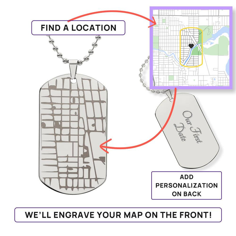 Personalized Engraved Map- Dog Tag Necklace